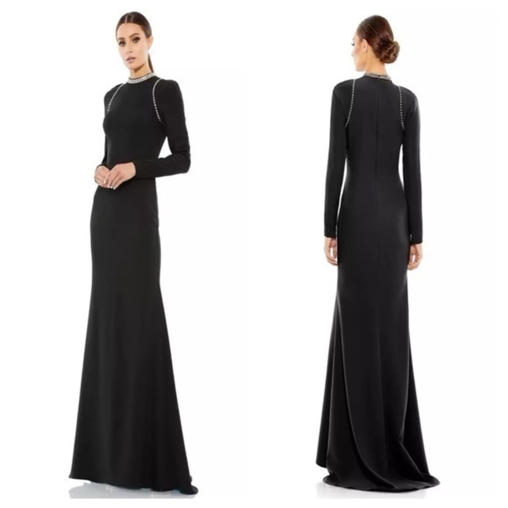 Ieena for Mac Duggal black crystal framed long sleeve full length gown dress 16